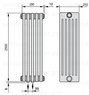 Схема (чертеж) Радиатор Zehnder Charleston 6250/5 №3470 Белый глянцевый RAL 9016